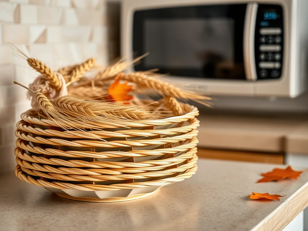 A basket of wheat straw on a kitchen counter with a microwave, discussing if wheat straw plates are microwave safe.