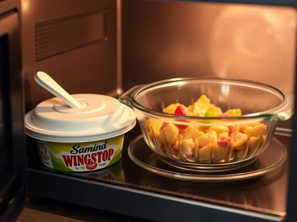 A Wingstop container and food bowl inside a microwave, discussing if these containers are microwavable.