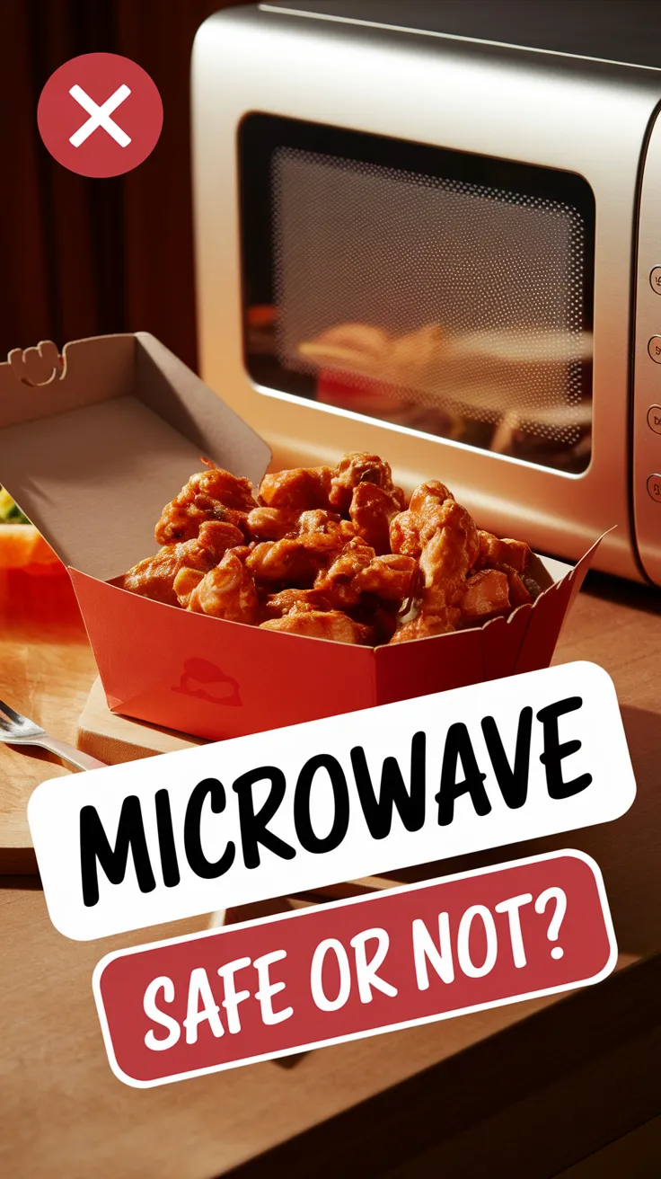 Wingstop box with food inside next to a microwave, discussing if it is microwavable.
