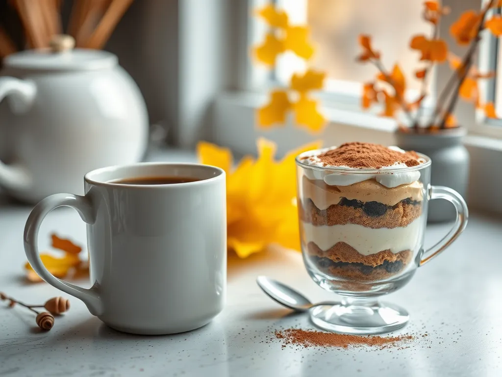 Delicious 2-Minute Microwave Tiramisu Mug topped with cocoa powder and served with a cup of coffee