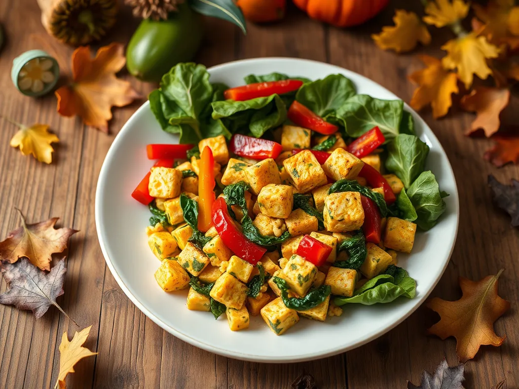 A delicious vegan breakfast featuring a quick tofu scramble with vibrant vegetables.