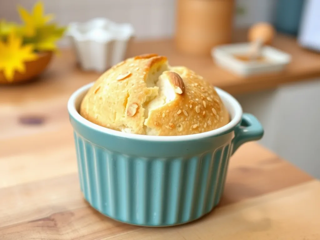 A freshly baked 90-second almond flour bread in a turquoise ramekin, topped with almonds.