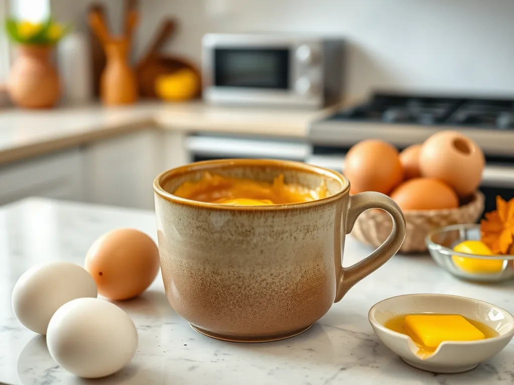 Delicious 90-second keto bread in a mug with ingredients like eggs and butter.
