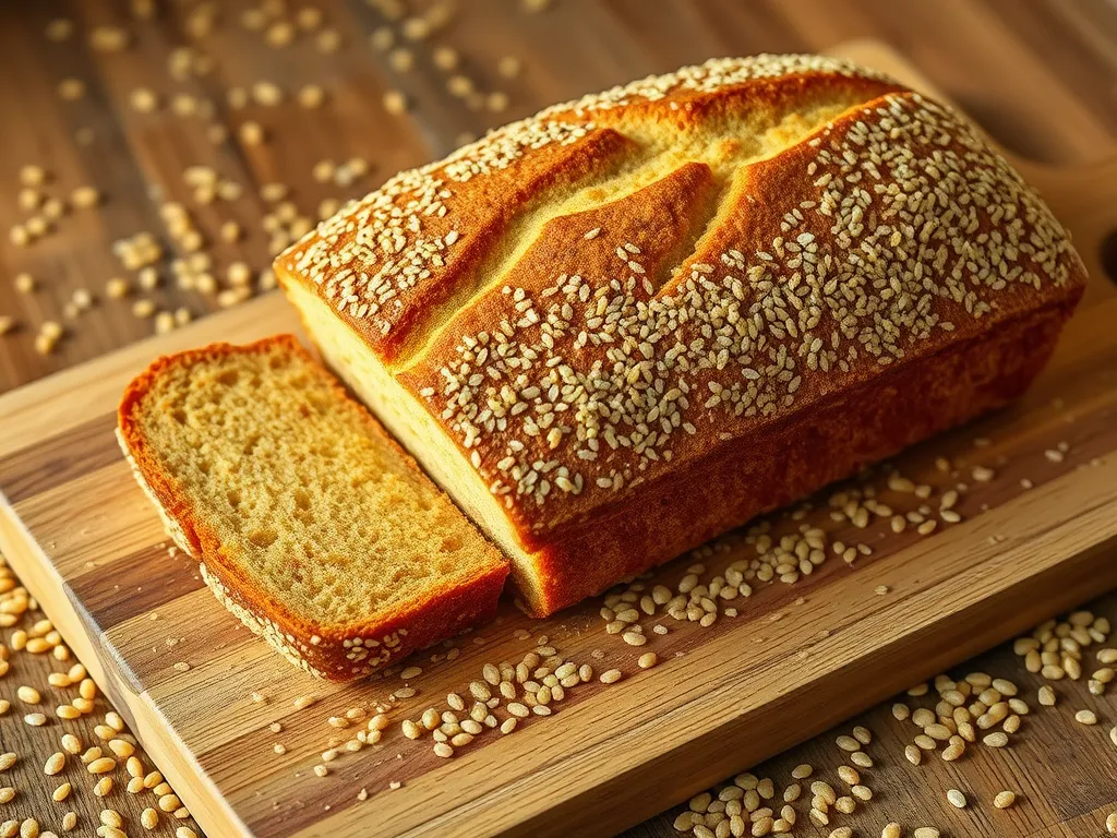 Freshly baked quinoa bread topped with sesame seeds, perfect for quick meals.