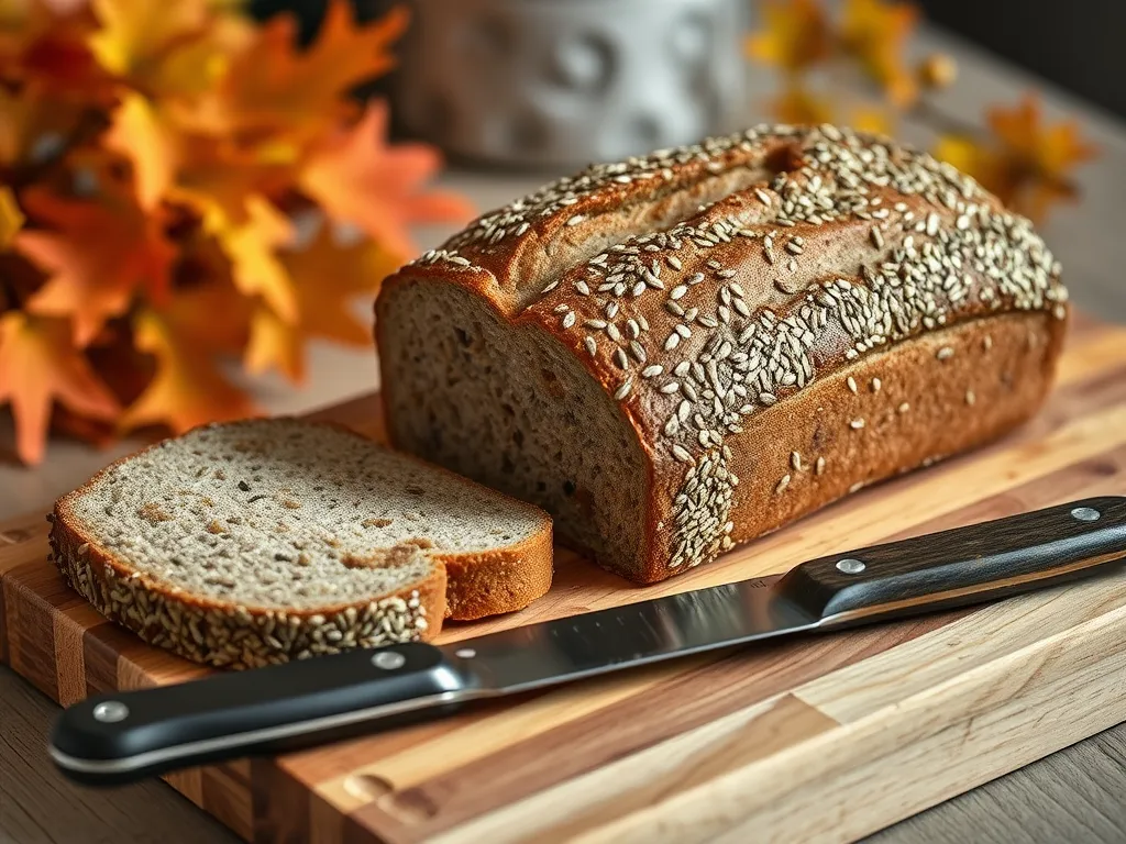 Sliced seed bread on a wooden cutting board with autumn leaves in the background.