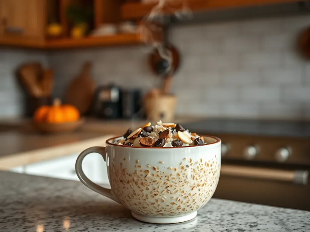 Delicious 2-Minute Microwave Almond Joy Oatmeal Mug topped with almonds and coconut