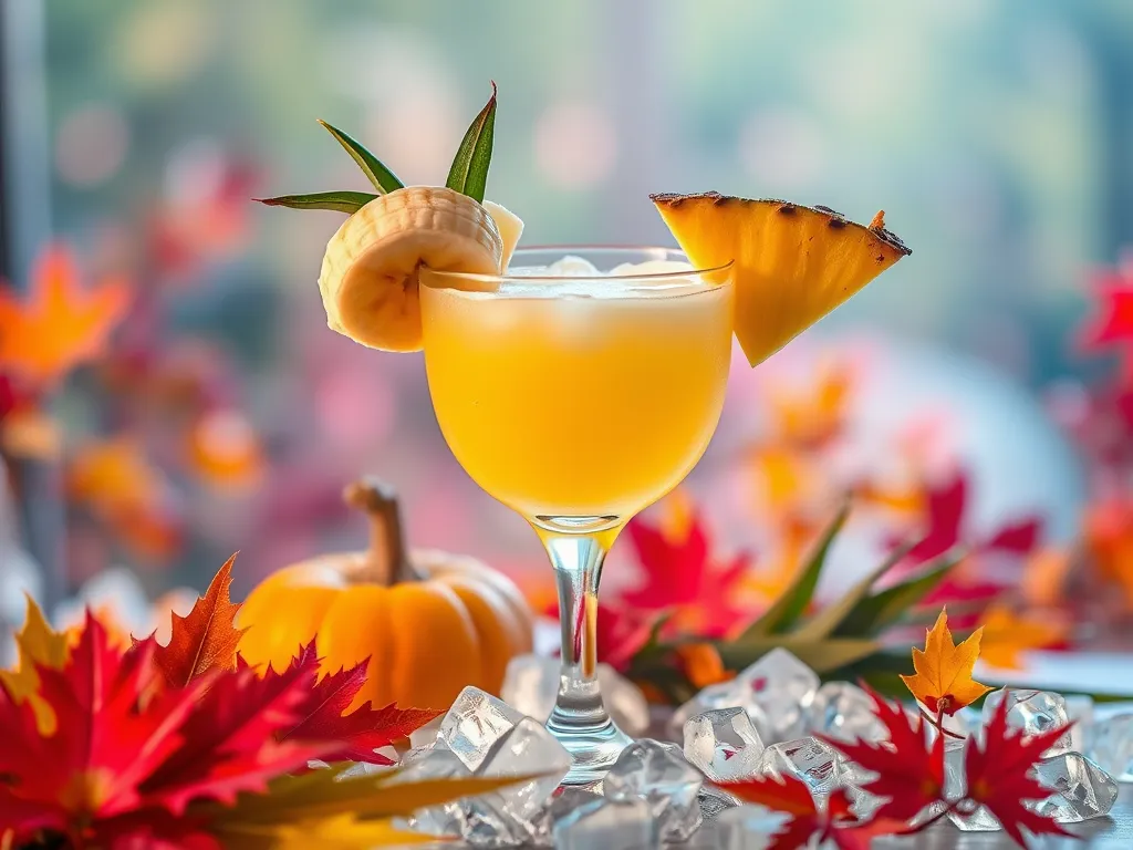 Refreshing Banana Daiquiri cocktail with tropical garnishes and beach theme