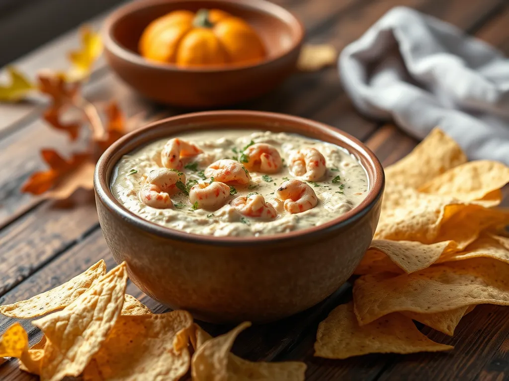Delicious Bayou Crawfish Dip served in a bowl with shrimp and tortilla chips