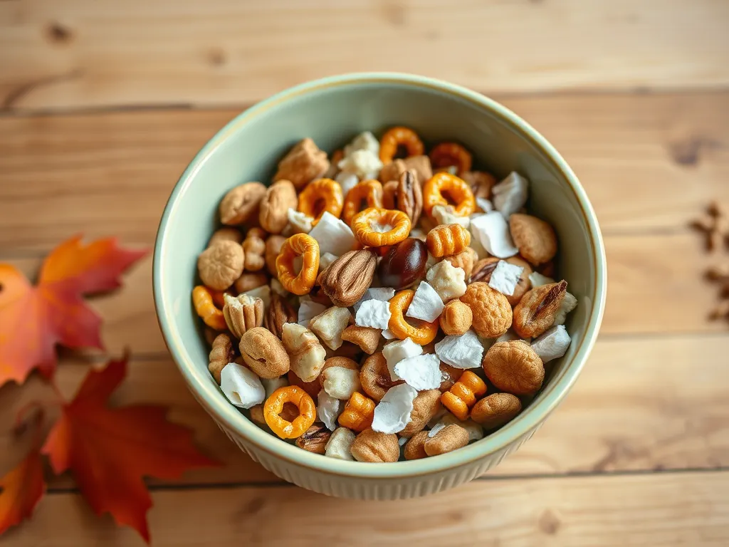 A delicious bowl of Beach Bash Trail Mix featuring pretzels, popcorn, and nuts, perfect for a no-bake microwave fix.