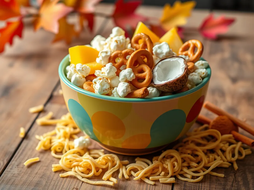 Colorful bowl of popcorn party mix with pretzels and fruit, perfect for beach outings.