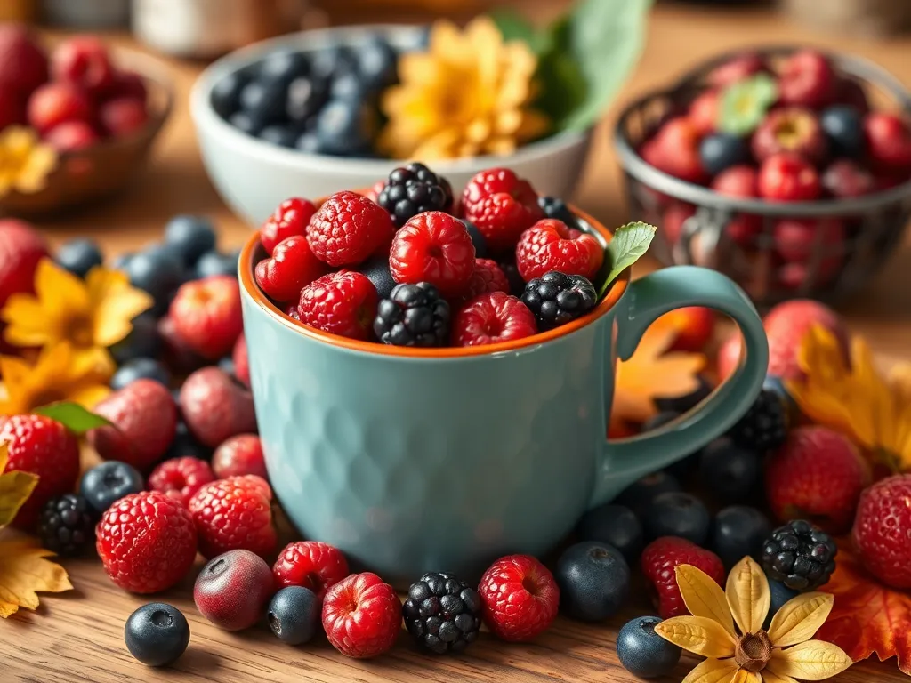 Delicious berry crisp in a blue mug with raspberries, blackberries, and blueberries