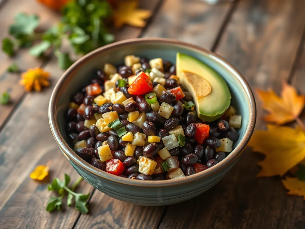Delicious black bean salad with corn, tomatoes, and avocado in a rustic bowl