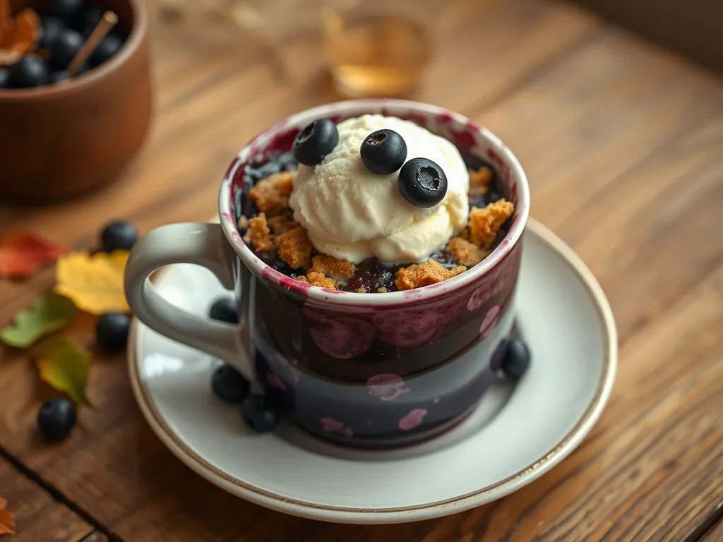 Delicious blueberry crumble served in a mug, topped with vanilla ice cream and fresh blueberries.