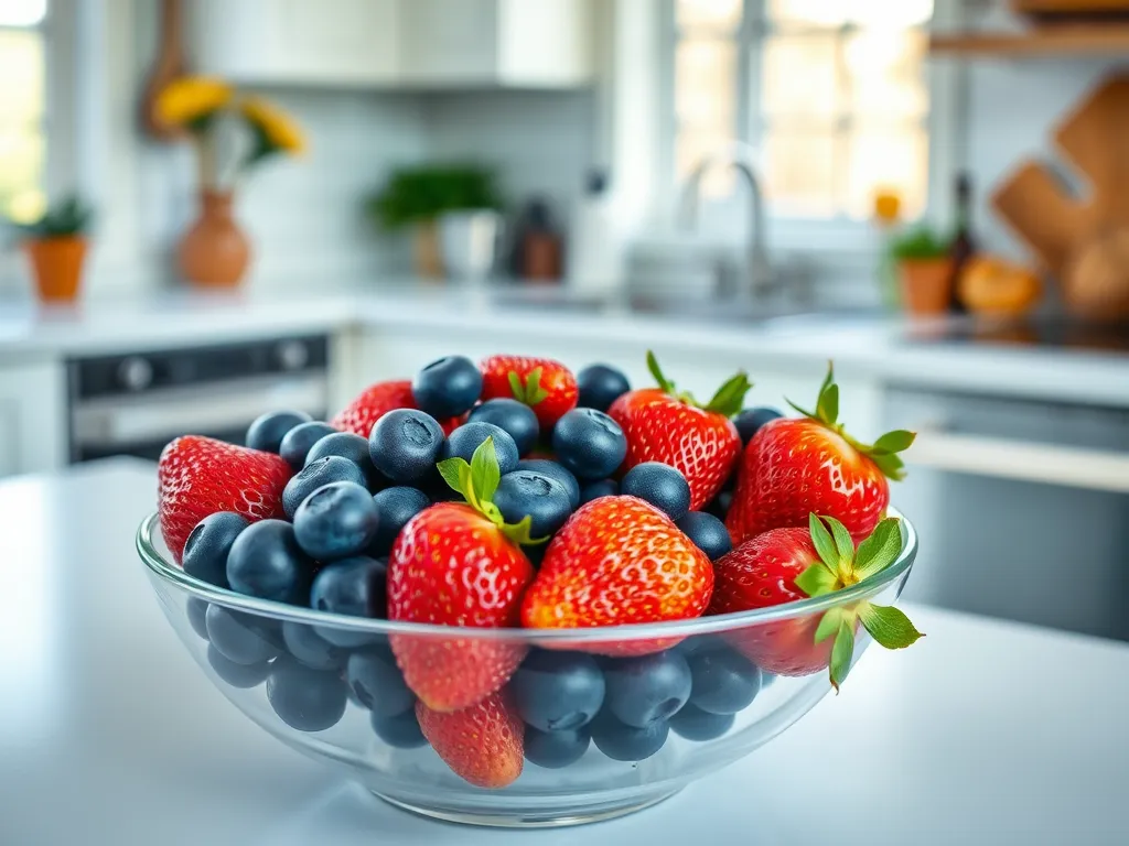 Bowl of fresh blueberries and strawberries for 2-Minute Microwave Blueberry Muffin in a Mug recipe