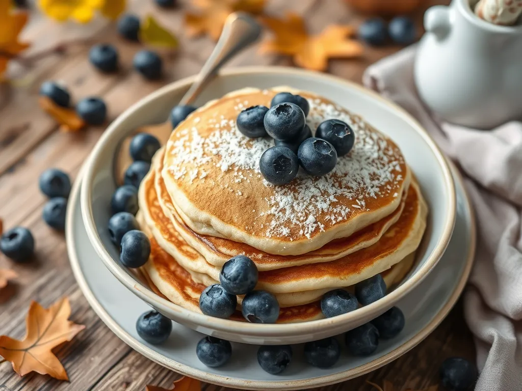 Delicious blueberry pancakes topped with fresh blueberries, perfect for camping breakfasts.