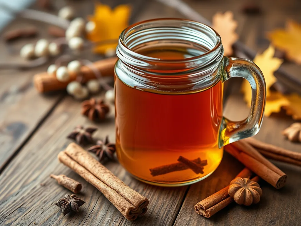 A jar of boozy iced coffee with cinnamon sticks and autumn decorations, perfect for fall recipes.