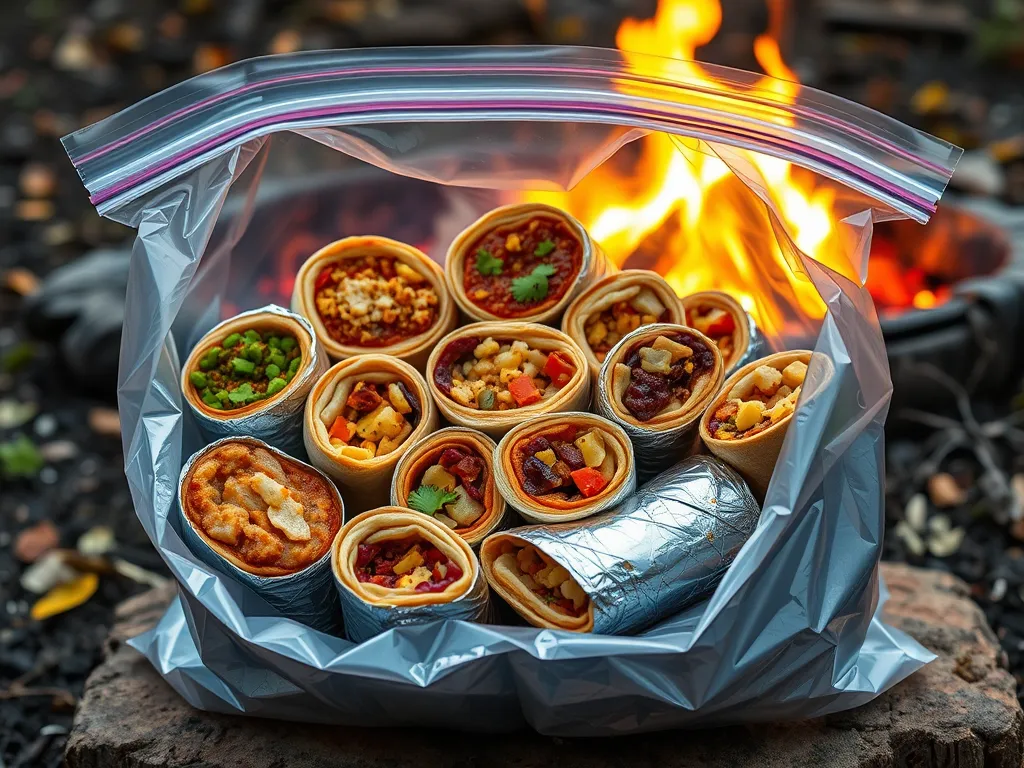 Delicious microwave eggs breakfast burritos ready for camping.