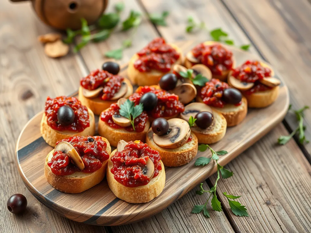 Delicious bruschetta platter with microwave-touched toppings, featuring herbs and olives.