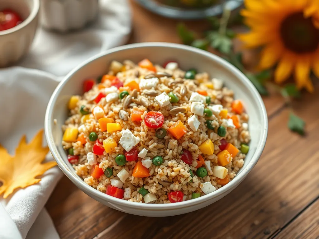 Colorful bulgur salad with vegetables and feta cheese for summer meals