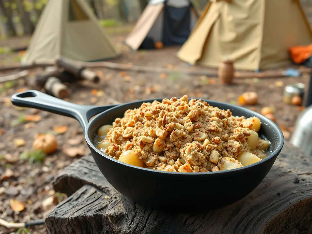 Camping Apple Crisp made in a microwave skillet, featuring a crumbly topping and served outdoors