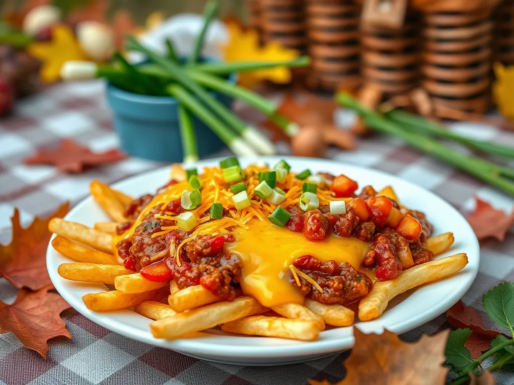 Delicious microwave-assembled Camping Chili Cheese Fries topped with cheese, chili, and green onions.