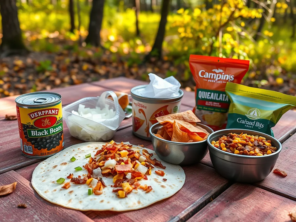 Ingredients for microwave cheese melt camping quesadillas including tortillas, cheese, and toppings.