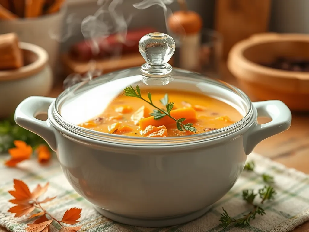 Chilled carrot ginger soup in a white pot, garnished with herbs and steam rising