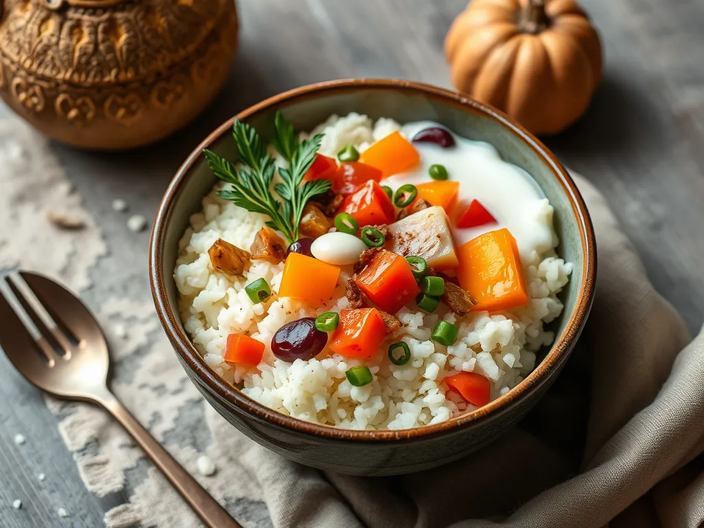 Delicious cauliflower rice bowl with colorful vegetables and toppings, perfect for a healthy meal.