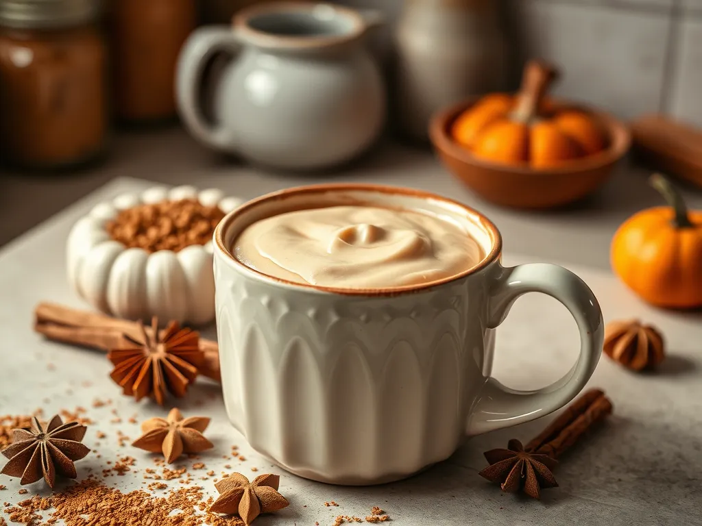 Delicious Chai Latte Cake in a mug with spices and pumpkin decorations