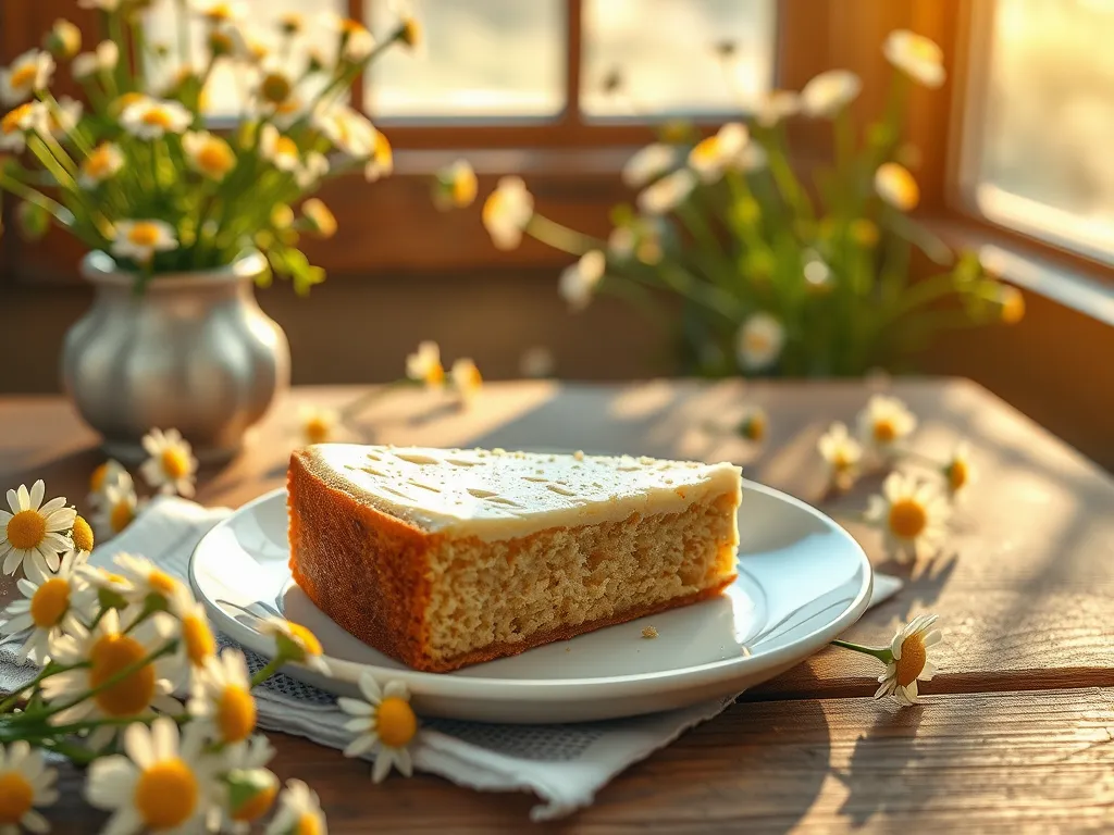 A slice of chamomile cake on a plate surrounded by flowers, perfect for spring tea.