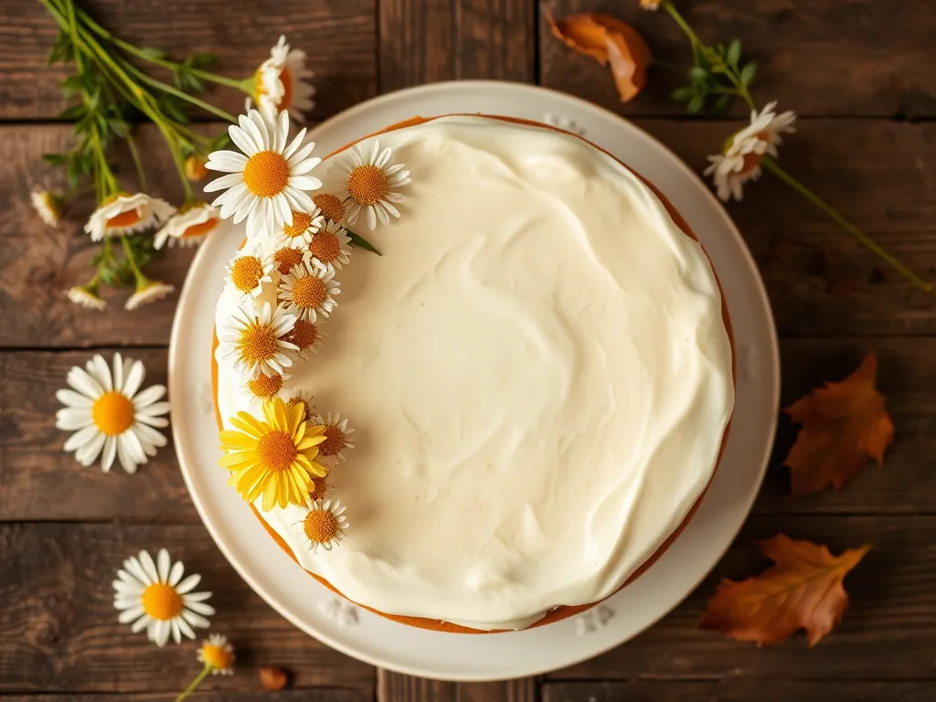 Delicious chamomile tea cake topped with cream and decorated with fresh chamomile flowers