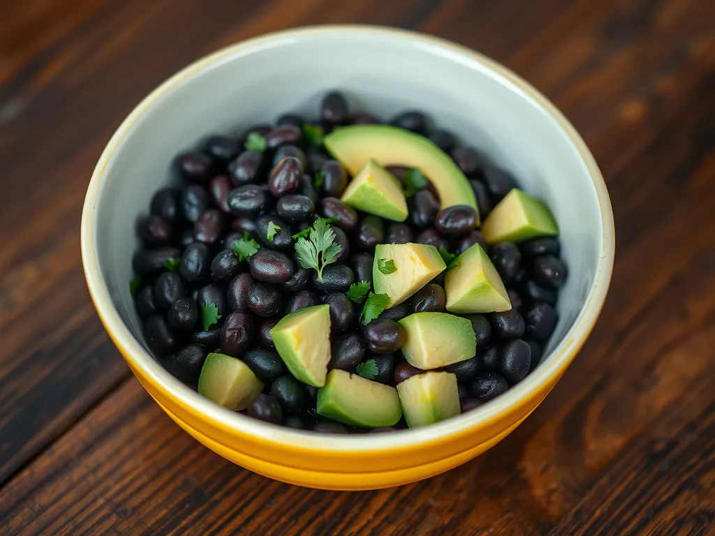 Bowl of microwave canned black beans and fresh avocado for salsa