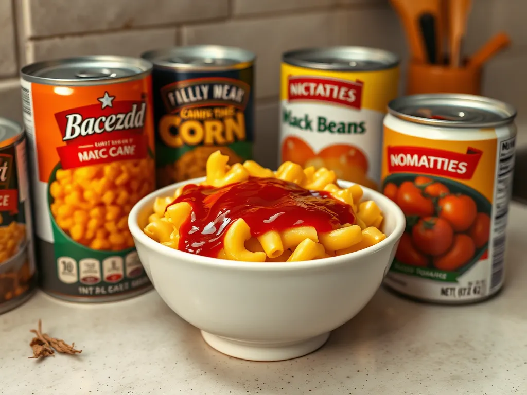 Bowl of canned black beans and corn salsa topped with macaroni and ketchup, highlighting ingredients for a quick meal.
