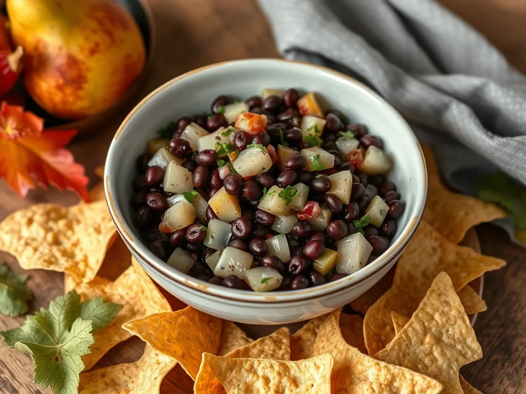 Delicious canned black bean and pear salsa served with tortilla chips