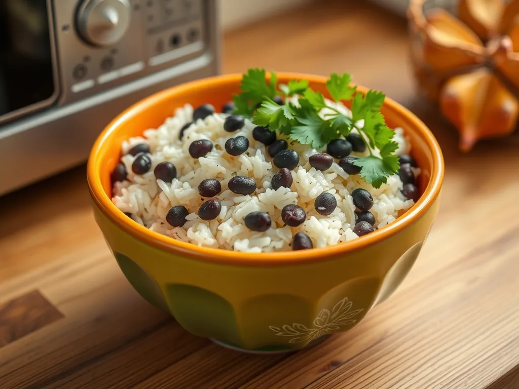 Bowl of canned black beans and rice garnished with cilantro, perfect for a cheap microwave meal.