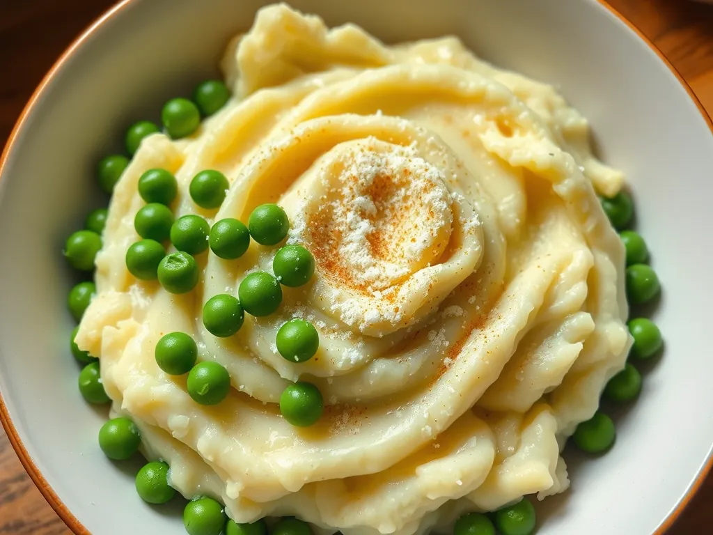 Bowl of cheap microwave instant mashed potatoes topped with canned peas
