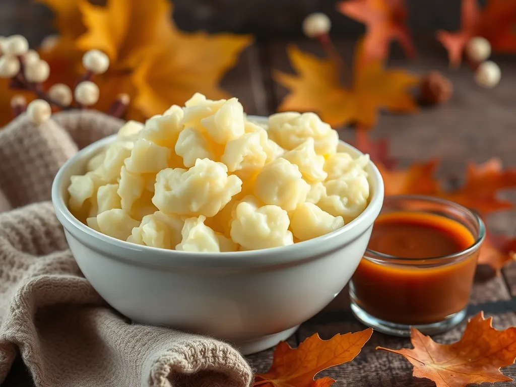Bowl of cheap microwave instant mashed potatoes with gravy, surrounded by autumn leaves.