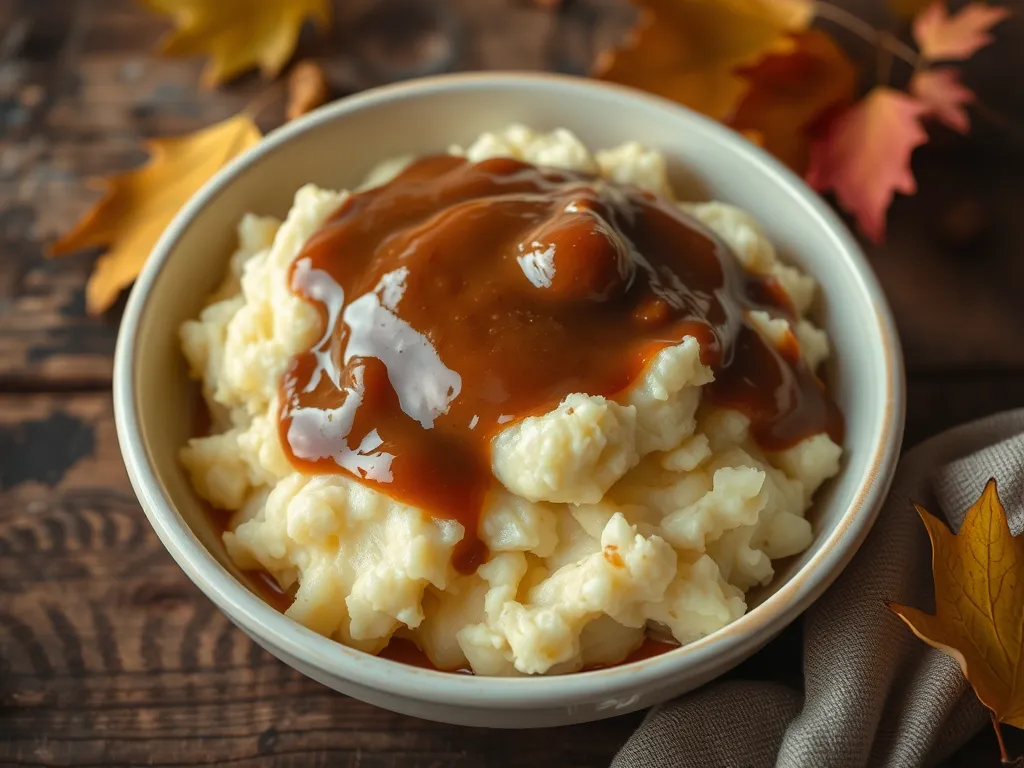 Bowl of cheap microwave instant mashed potatoes topped with canned gravy