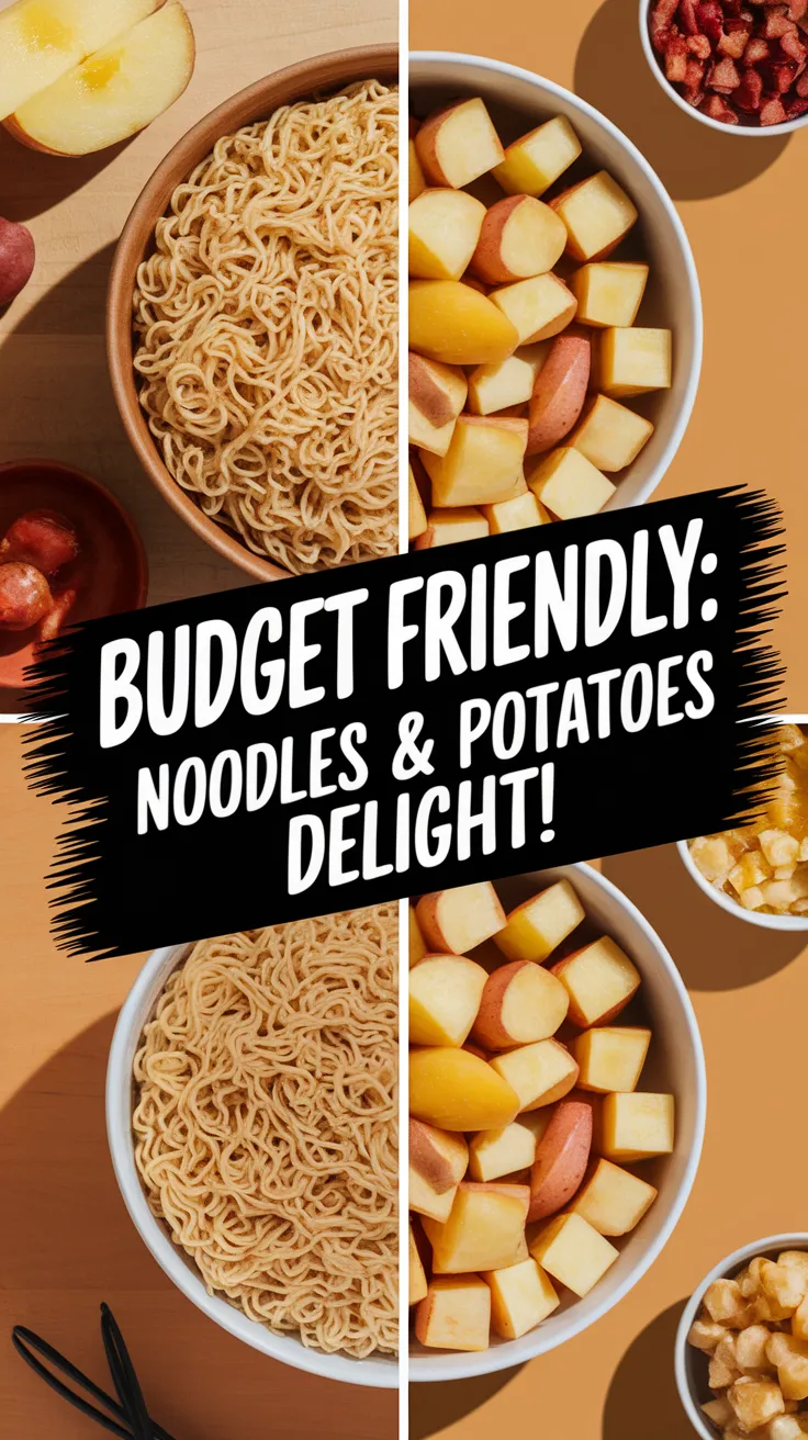 A bowl of budget-friendly microwave instant noodles paired with canned diced potatoes for a quick meal.