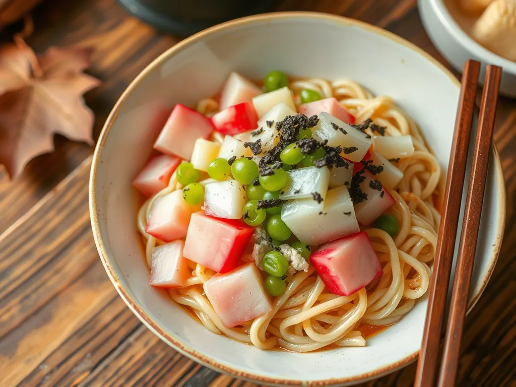 Bowl of cheap microwave instant noodles topped with canned diced radishes and green peas