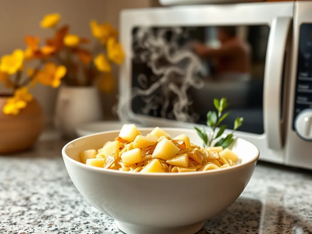 Bowl of cheap microwave instant noodles topped with canned diced potatoes
