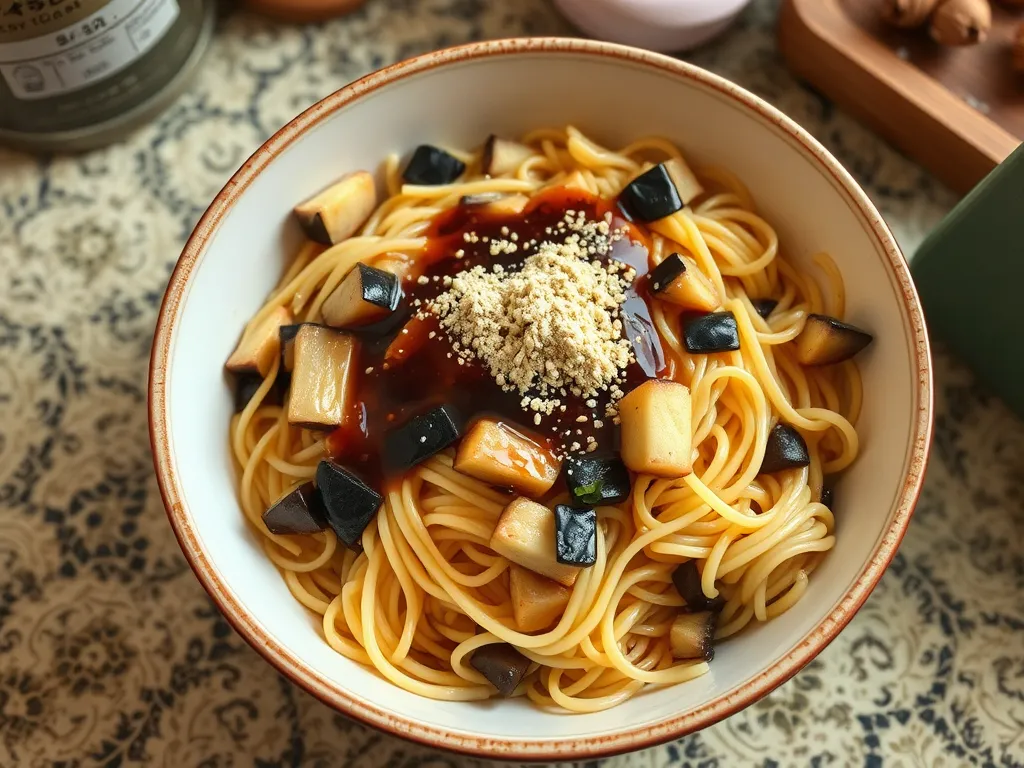 Bowl of cheap microwave instant noodles topped with canned diced eggplant and sesame seeds.
