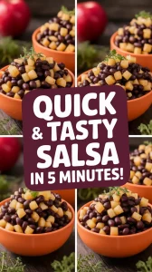 Canned black bean and apple salsa in orange bowls, quick microwave recipe.