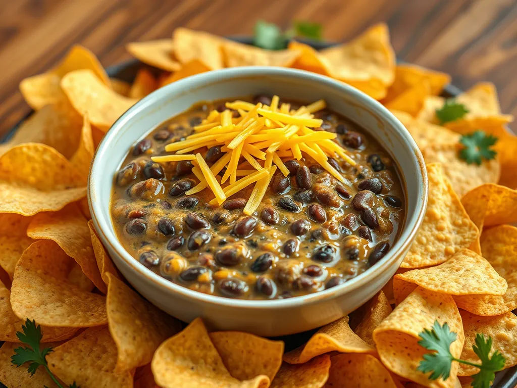 Delicious microwave black bean and cheese dip served with tortilla chips