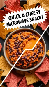 Bowl of microwave canned black bean and cheese dip surrounded by tortilla chips