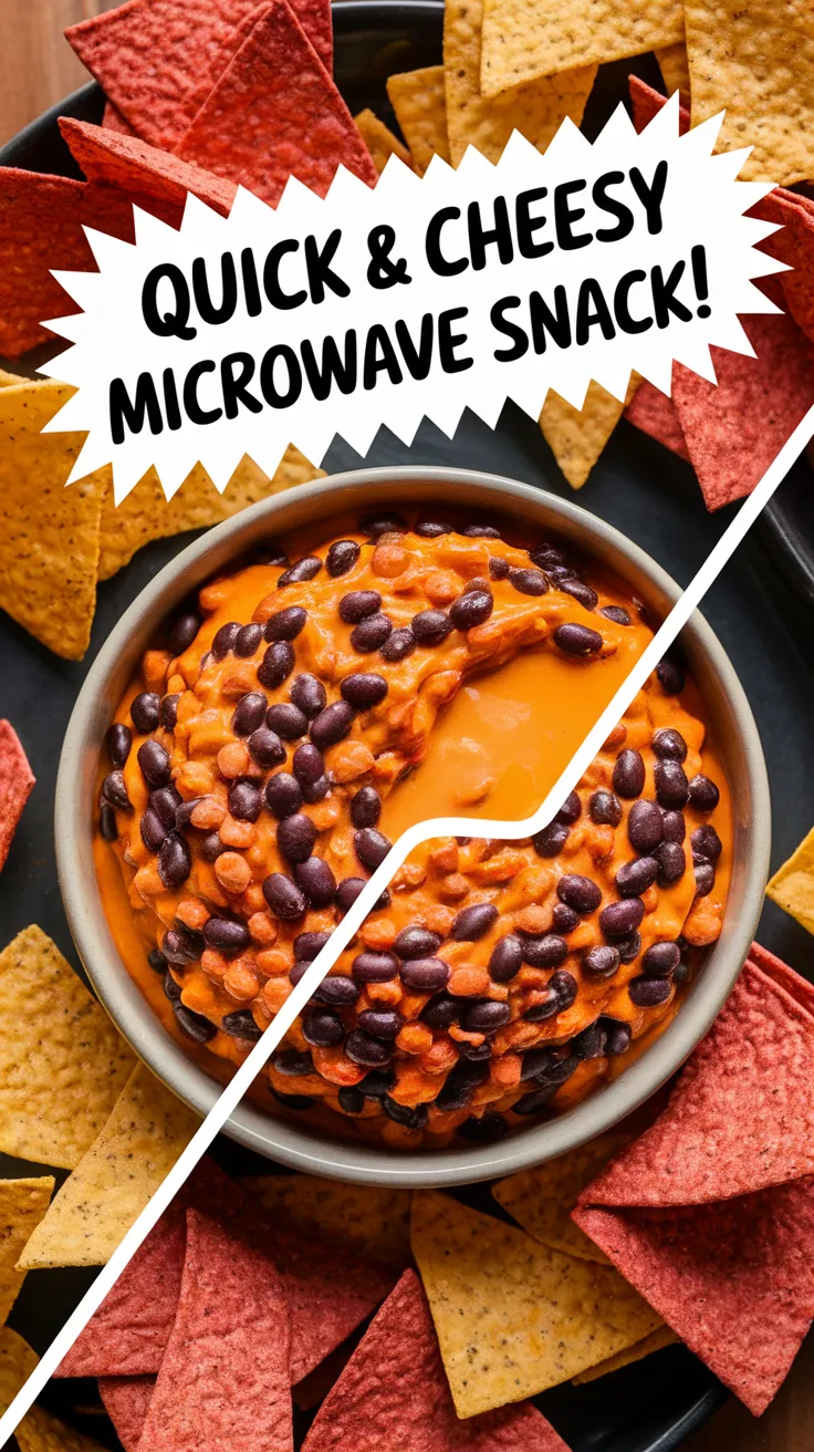 Bowl of microwave canned black bean and cheese dip surrounded by tortilla chips