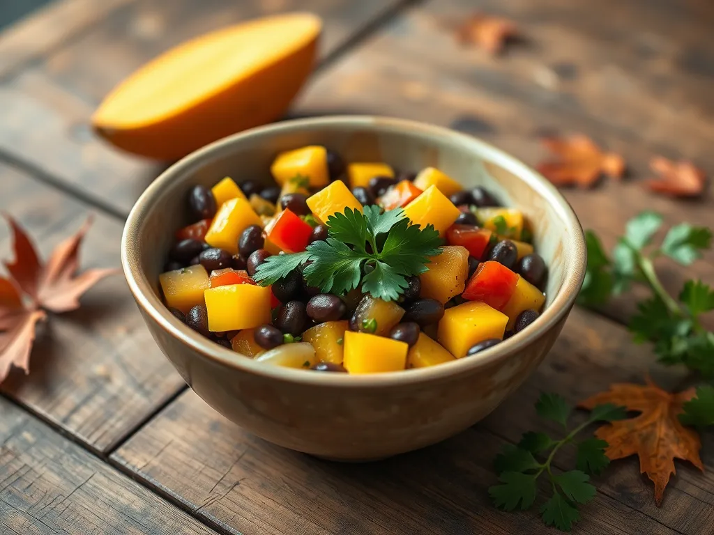 Bowl of cheap microwave canned black bean and mango salsa with cilantro