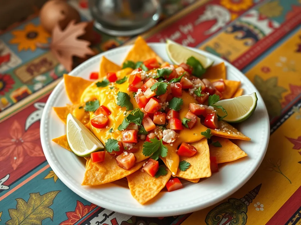 Delicious plate of microwave canned black bean nachos topped with cheese, tomatoes, cilantro, and lime.
