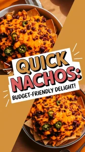 Delicious cheap microwave canned black bean nachos topped with cheese and jalapeños