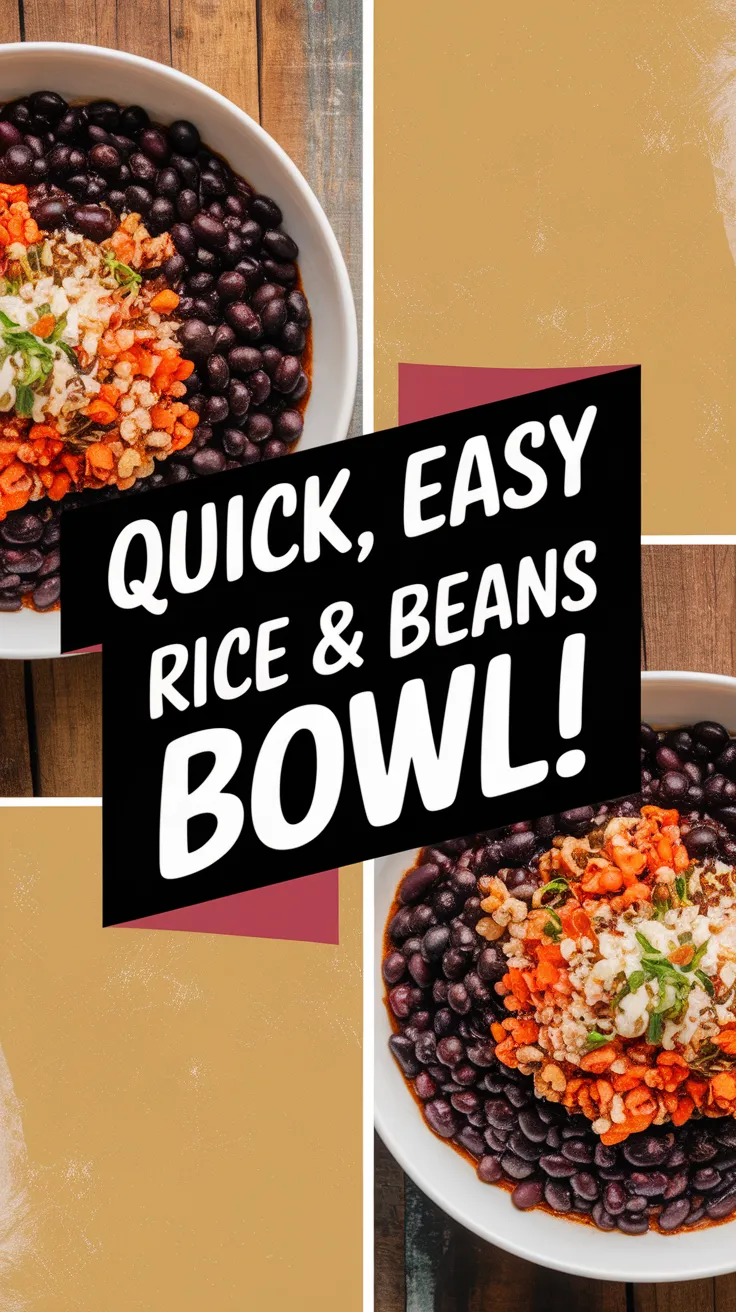 Delicious cheap microwave canned black bean and rice bowl topped with vegetables.